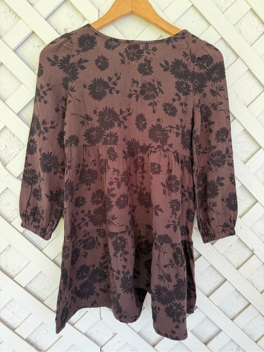 GAP Gauze Brown Dress with Black Floral Print Tiered Medium - Picture 2 of 6